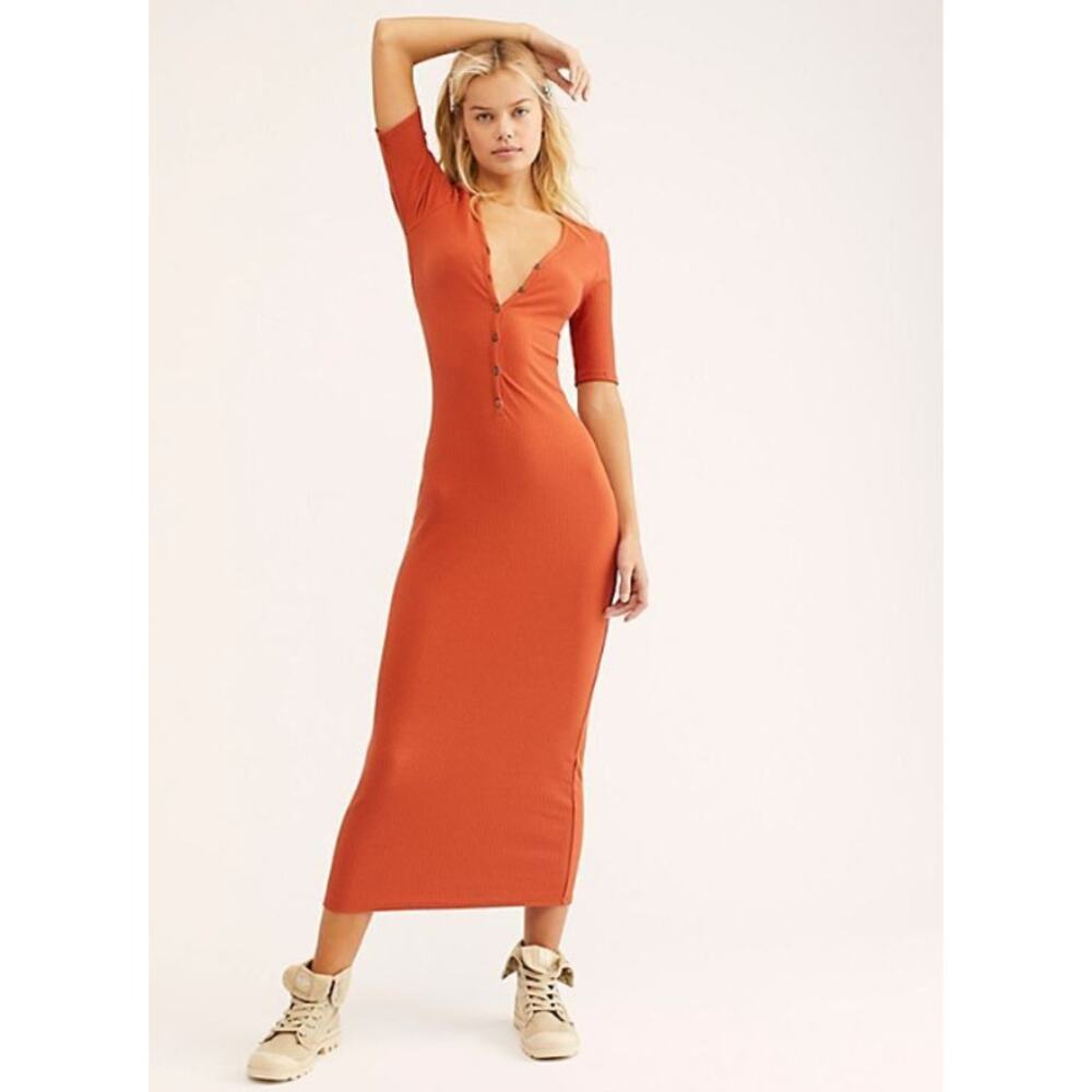 Free People Lulu Henley Midi Dress V-Neck Short Sleeve Maxi, Deep Orange
